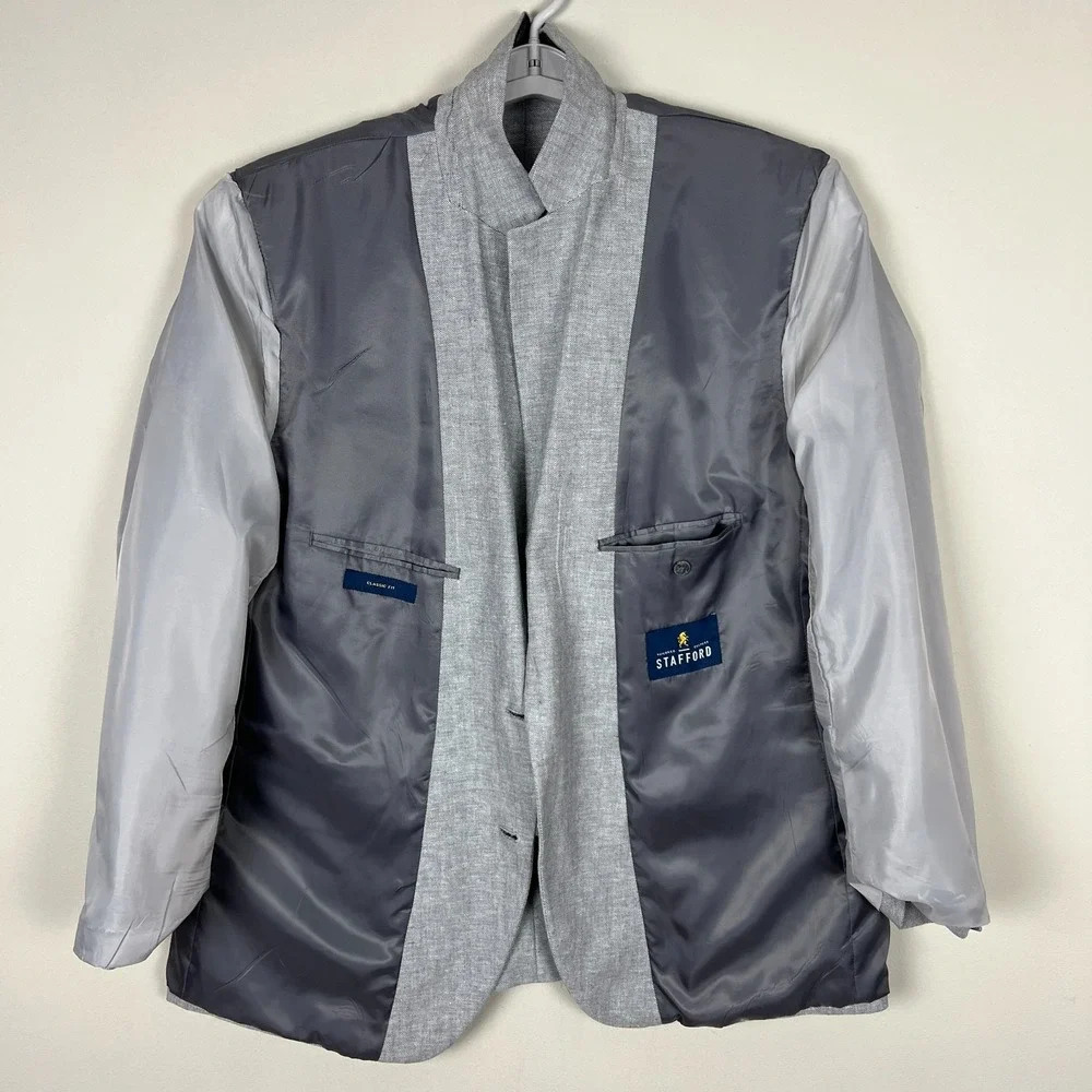 Stafford Sport Coat Mens 48 Regular Gray Linen Cotton Classic‎ Fit Herringbone